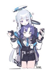 Rule 34 | 2girls, arms up, artist name, belt, belt pouch, black gloves, blue archive, blue necktie, blush, closed mouth, collared shirt, commentary request, cowboy shot, formal, gloves, grey hair, half gloves, halo, headphones, highres, holding hands, id card, jacket, long hair, long sleeves, looking down, mechanical halo, miniskirt, multiple girls, necktie, noa (blue archive), off shoulder, open clothes, open jacket, open mouth, parted bangs, pleated skirt, pouch, purple eyes, purple hair, shirt, sidelocks, simple background, skirt, standing, suit, two-sided fabric, two-sided jacket, two side up, very long hair, white background, white belt, white jacket, white shirt, yutokamizu, yuuka (blue archive)
