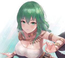 Rule 34 | 1girl, alternate costume, armlet, asymmetrical clothes, bare shoulders, blue background, blue eyes, bracer, breasts, byleth (female) (fire emblem), byleth (fire emblem), cleavage, collarbone, commentary, dancer, fire emblem, fire emblem: three houses, gradient background, green eyes, green hair, jewelry, large breasts, leonmandala, long hair, looking at viewer, neck ring, nintendo, parted lips, shawl, smile, solo, sparkle, upper body