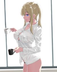 Rule 34 | 1girl, alternate costume, ass, blonde hair, blue eyes, blush, breasts, cleavage, coffee mug, collarbone, covered erect nipples, cup, dress shirt, from side, graf zeppelin (kancolle), hair between eyes, highres, holding, holding cup, kantai collection, large breasts, long hair, long sleeves, looking at viewer, mug, no bra, no pants, panties, parted lips, shirt, sidelocks, smile, solo, steam, thighs, tsurime, twintails, underwear, utsumi karmin, white panties, white shirt