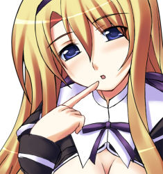 Rule 34 | 00s, 1girl, :o, blonde hair, blue eyes, breasts, carim gracia, cleavage, close-up, finger to mouth, hairband, looking at viewer, lowres, lyrical nanoha, mahou shoujo lyrical nanoha, mahou shoujo lyrical nanoha strikers, parted lips, purple ribbon, ribbon, simple background, solo, white background