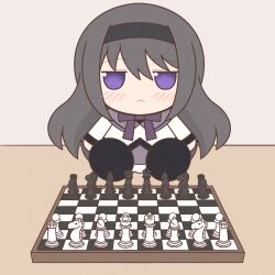 Rule 34 | 1girl, akemi homura, bishop (chess), black hair, blush, chess piece, chessboard, chibi, closed mouth, highres, king (chess), knight (chess), long hair, long sleeves, mahou shoujo madoka magica, mahou shoujo madoka magica (anime), pawn (chess), purple eyes, queen (chess), rook (chess), solo, yuno385