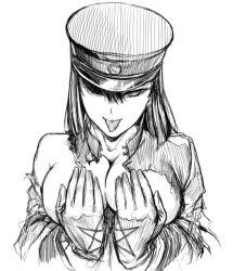 Rule 34 | 10s, 1girl, akitsu maru (kancolle), breasts, covering privates, covering breasts, earrings, gloves, greyscale, hat, jewelry, kantai collection, looking at viewer, monochrome, multiple earrings, pentagram, piercing, simple background, sketch, solo, takahashi keitarou, tongue, tongue out, tongue piercing, torn clothes, white background