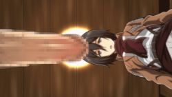 Rule 34 | 1girl, :o, belt, black eyes, black hair, breasts, ceiling, censored, cropped jacket, erection, expressionless, from below, hair between eyes, indoors, jacket, jean kirstein, light, looking at viewer, matching hair/eyes, mikasa ackerman, military, military uniform, mosaic censoring, paradis military uniform, parted lips, penis, perspective, red scarf, scarf, shingeki no kyojin, shirt, short hair, solo focus, standing, takapiko, uniform, upper body, white shirt