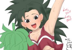 Rule 34 | 1girl, 1other, arm up, armpits, black eyes, blush, breasts, caulifla, check commentary, cheering, cheerleader, commentary, commentary request, dragon ball, dragon ball super, earrings, english text, eyelashes, flying sweatdrops, green pom poms, grey hair, jewelry, kyakyoi, long hair, looking at viewer, medium breasts, open mouth, pom pom (cheerleading), simple background, sketch, sweat, underboob, upper body, white background