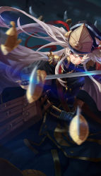 Rule 34 | 10s, 1girl, absurdres, altair (re:creators), armband, belt, belt pouch, black coat, black hat, buckle, buttons, closed mouth, coat, commentary request, double-breasted, epaulettes, fighting stance, floating hair, floating sword, floating weapon, gauntlets, glaring, glint, hair between eyes, hat, high collar, highres, holding, holding sword, holding weapon, long hair, long sleeves, looking at viewer, luobo carrot, military, military uniform, motion blur, pouch, re:creators, red eyes, saber (weapon), serious, shako cap, sidelocks, solo, standing, sword, tassel, uniform, very long hair, weapon, white hair