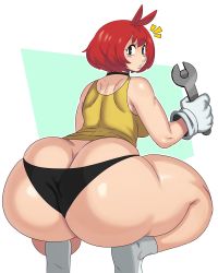 Rule 34 | !, !?, 1girl, absurdres, ass, ass focus, bare shoulders, black eyes, black panties, breasts, butt crack, curvy, eric lowery, female focus, from behind, gloves, highres, huge ass, looking back, medium breasts, medium hair, original, panties, plump, red hair, shirt, shoes, short hair, simple background, sleeveless, sleeveless shirt, solo focus, squatting, tank top, thick thighs, thighs, tools, underwear, white gloves, wide-eyed, wide hips, wrench, yellow shirt, yellow tank top