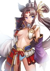 Rule 34 | 1girl, armor, asymmetrical sleeves, black hair, blue eyes, blue panties, breasts, cowboy shot, detached sleeves, fate/grand order, fate (series), hair ornament, hat, highres, japanese armor, kusazuri, long hair, long sleeves, looking at viewer, medium breasts, midriff, mismatched sleeves, navel, panties, pom pom (clothes), revealing clothes, side ponytail, simple background, solo, sowel (sk3), stomach, underwear, ushiwakamaru (fate), very long hair, white background, wide sleeves