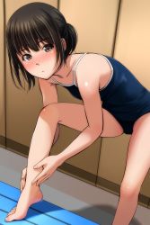 Rule 34 | 1girl, absurdres, bare legs, barefoot, blue one-piece swimsuit, blush, breasts, brown eyes, brown hair, closed mouth, highres, legs, looking at viewer, matsunaga kouyou, one-piece swimsuit, original, school swimsuit, short hair, small breasts, solo, swimsuit, toes