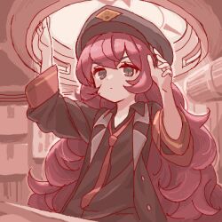 Rule 34 | 1girl, black hat, black shirt, blue archive, closed mouth, collared shirt, grey eyes, hat, iroha (blue archive), jacket, long hair, long sleeves, looking at viewer, lowres, maibotsumou, military, military hat, military jacket, military uniform, necktie, peaked cap, red hair, red necktie, shirt, solo, uniform, upper body, wavy hair
