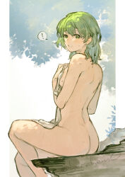 Rule 34 | !, 1girl, ass, blush, completely nude, covering breasts, covering privates, day, embarrassed, feet out of frame, from behind, green eyes, green hair, herayoshi, highres, holding, holding towel, kiki (herayoshi), knee up, letterboxed, looking at viewer, looking back, nude, nude cover, original, outside border, short hair, sitting, solo, spoken exclamation mark, towel, twitter username, wet