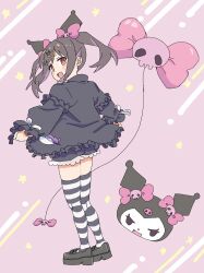 Rule 34 | 1girl, :d, balloon, black footwear, black hair, bow, commentary, crossover, hair bow, hair ornament, hairclip, highres, kuromi, long hair, long sleeves, multicolored hair, official alternate costume, onii-chan wa oshimai!, open mouth, oyama mihari, pink background, pink bow, platform footwear, puffy long sleeves, puffy sleeves, purple hair, sanrio, shoes, simple background, smile, solo, star (symbol), striped clothes, striped thighhighs, thighhighs, twintails, two-tone hair, uhase, zettai ryouiki