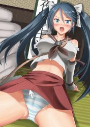 Rule 34 | 10s, 1girl, aqua eyes, blush, breasts, cursor, detached sleeves, futon, hair ribbon, ichikawa feesu, isuzu (kancolle), kantai collection, large breasts, mouse (computer), open mouth, panties, pantyshot, ribbon, school uniform, sitting, solo, striped clothes, striped panties, twintails, underwear