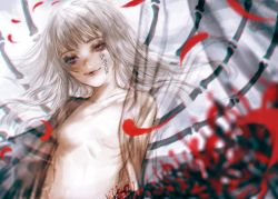 Rule 34 | 1girl, breasts, collarbone, delia740, facial tattoo, flower, grey eyes, grey hair, highres, long hair, looking at viewer, nude, original, red flower, see-through, small breasts, smile, solo, spider lily, tattoo, upper body, wavy hair