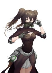 Rule 34 | 1girl, black hair, breasts, cleavage, feet out of frame, gas mask, girls&#039; frontline, green eyes, hand on breast, holding, holding wand, long hair, looking at viewer, mask, mechanical hands, medium breasts, sangvis ferri, scarecrow (girls&#039; frontline), solo, standing, thatob, twintails, wand, white background