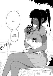 Rule 34 | 1girl, anggita putri, breasts, cellphone, curvy, dark-skinned female, dark skin, drinking straw, english text, feet out of frame, from side, high ponytail, highres, juice box, large breasts, miniskirt, norman maggot, original, outdoors, phone, pleated skirt, school uniform, sitting, skirt, smartphone, solo, speech bubble, sweatdrop