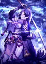 Rule 34 | 1girl, bodysuit, breasts, covered navel, fate/grand order, fate (series), fingerless gloves, gloves, holding, holding sword, holding weapon, katana, large breasts, loincloth, long hair, looking at viewer, low-tied long hair, minamoto no raikou (fate), parted bangs, purple bodysuit, purple eyes, purple hair, ribbed sleeves, rope, sanshouuo, solo, sword, tabard, very long hair, weapon
