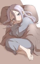 Rule 34 | 1girl, absurdres, barefoot, brown background, brown eyes, commentary request, grey pants, grey shirt, hair between eyes, highres, long hair, long sleeves, looking at viewer, lying, on side, pants, parted bangs, parted lips, pillow, purple hair, shirt, solo, soredemo ayumu wa yosetekuru, two-tone background, under covers, white background, wide sleeves, yamamoto souichirou, yaotome urushi
