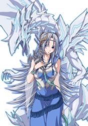 Rule 34 | 1girl, blue-eyes alternative white dragon, blue eyes, blush, breasts, collarbone, dragon, duel monster, female focus, highres, large breasts, long hair, looking at viewer, ozaneko, priestess with eyes of blue, silver hair, simple background, solo, very long hair, white background, yu-gi-oh!