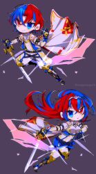 Rule 34 | 1girl, alear (female) (fire emblem), alear (fire emblem), alear (male) (fire emblem), armor, blue eyes, blue hair, braid, breasts, chibi, crossed bangs, crown braid, emblem ring, fire emblem, fire emblem engage, heterochromia, highres, holding, holding weapon, liberation (fire emblem), long hair, looking at viewer, medium breasts, mugimugis, multicolored hair, nintendo, red eyes, red hair, split-color hair, sword, thigh strap, thighhighs, tiara, two-tone hair, very long hair, weapon