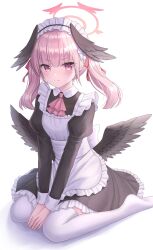 Rule 34 | 1girl, alternate costume, ascot, black skirt, black wings, blue archive, enmaided, halo, head wings, highres, koharu (blue archive), long sleeves, looking at viewer, low wings, maid, maid headdress, pink ascot, pink eyes, puffy long sleeves, puffy sleeves, red halo, seungju lee, short hair, simple background, sitting, skirt, solo, thighhighs, twintails, white background, white thighhighs, wings