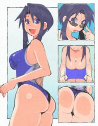 1girl :d against_glass ass ass_press azumanga_daiou blue_eyes blue_hair breasts cleavage competition_swimsuit gradient_background highres inkerton-kun kurosawa_minamo medium_breasts one-piece_swimsuit open_mouth short_hair sidelocks simple_background smile sunglasses swimsuit wedgie white_background