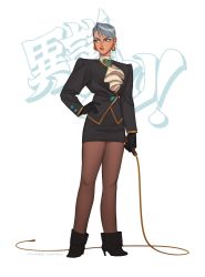 Rule 34 | ace attorney, alternate hairstyle, black gloves, claire hummel, earrings, eyeshadow, franziska von karma, gloves, hand on own hip, highres, jewelry, makeup, miniskirt, mole, mole under eye, objection, pantyhose, pencil skirt, puffy sleeves, redesign, short hair, silver hair, skirt, solo, whip