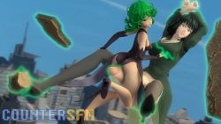 Rule 34 | 2girls, ass, breasts, clothes, collar, countersfm, dark green hair, elbow gloves, embarrassed, erection, fubuki (one-punch man), futanari, gloves, green eyes, green hair, heels, highres, huge ass, huge penis, incest, large breasts, magic, medium breasts, medium hair, multiple girls, one-punch man, open mouth, penis, restrained, rubbing, serious, siblings, sisters, size difference, tatsumaki, thighhighs