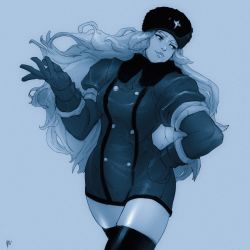 Rule 34 | 1girl, breasts, buttons, capcom, coat, david liu, eyebrows, fur hat, fur trim, gloves, hand on own hip, hat, highres, kolin, lips, long hair, looking to the side, monochrome, simple background, smirk, solo, standing, street fighter, street fighter v, thick thighs, thighhighs, thighs, ushanka, wavy hair, wide hips, winter clothes, winter coat, zettai ryouiki