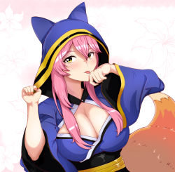 Rule 34 | 1girl, animal ears, animal hood, bayue tian, blue kimono, breasts, center opening, cleavage, cleavage cutout, clothing cutout, fate/grand order, fate (series), fox ears, fox girl, fox tail, highres, hood, hooded jacket, hoodie, jacket, japanese clothes, kimono, large breasts, looking at viewer, nail polish, official alternate costume, pink hair, solo, tail, tamamo (fate), tamamo no mae (fate/extra), tongue, yellow eyes