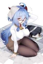 Rule 34 | 1girl, absurdres, ahoge, alternate costume, arm up, bag, bell, bespectacled, black-framed eyewear, blue hair, book, breasts, brown pantyhose, brown skirt, collared shirt, commentary request, contemporary, dev (dev0614), dress shirt, flying sweatdrops, full body, ganyu (genshin impact), genshin impact, glasses, hair between eyes, highres, horns, impossible clothes, impossible shirt, large breasts, long sleeves, neck bell, office lady, open bag, pantyhose, paper on head, parted lips, pencil skirt, red eyes, shirt, simple background, sitting, skirt, solo, thigh gap, thighs, white background, yokozuwari
