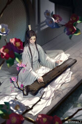 Rule 34 | 1boy, artist name, bishounen, black hair, blurry, blurry foreground, blush, branch, camellia, chinese clothes, chu wanning, closed mouth, commentary request, erha he tadebai mao shizun, flower, grass, guqin, hair ornament, hanfu, high ponytail, highres, instrument, light particles, long hair, long sleeves, looking down, male focus, music, parted bangs, pink flower, playing instrument, ponytail, red flower, robe, rock, sheng3 3, sidelocks, sitting, solo, vambraces, veranda, weibo logo, weibo watermark, white flower, white robe, wide sleeves