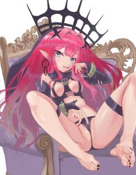 Rule 34 | 1girl, absurdres, baobhan sith (fate), baobhan sith (second ascension) (fate), barefoot, black nails, black panties, blush, bracelet, breasts, chair, detached sleeves, earrings, fate/grand order, fate (series), feet, full body, grey eyes, hand up, highres, hoop earrings, jewelry, long hair, looking at viewer, nail polish, open mouth, panties, partially visible vulva, pink hair, pointy ears, revealing clothes, sidelocks, sitting, smile, solo, spiked bracelet, spikes, spread legs, thigh strap, toenail polish, toenails, toes, tomo 527, underwear, veil