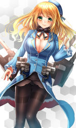Rule 34 | 10s, 1girl, atago (kancolle), bad id, bad pixiv id, blonde hair, blush, bow, breasts, cleavage, female focus, frills, fur trim, green eyes, hat, highres, kantai collection, large breasts, long hair, long sleeves, panties, pantyhose, personification, smile, solo, tsukiriran, underwear