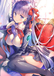 Rule 34 | 10s, 1girl, bb (fate), bb (fate/extra), black thighhighs, blush, breasts, commentary request, fate/extra, fate/extra ccc, fate (series), gloves, hair ribbon, large breasts, long hair, long sleeves, looking at viewer, purple eyes, purple hair, rei (rei&#039;s room), ribbon, shirt, sitting, smile, solo, thighhighs, underbust, very long hair, white gloves, white shirt