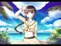 Rule 34 | 10s, 1girl, bad id, bad pixiv id, beach, black hair, blue eyes, blunt bangs, braid, cloud, crop top, crop top overhang, day, kantai collection, kitakami (kancolle), letterboxed, light rays, long hair, meaomao, midriff, navel, ocean, outdoors, palm tree, single braid, sky, solo, sunbeam, sunlight, tree