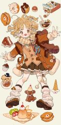 Rule 34 | 1girl, :d, backpack, bag, bagel, bandaid, bandaid on leg, blonde hair, blush, blush stickers, brown coat, brown eyes, brown footwear, brown skirt, brown theme, buttons, cake, cake slice, candy, cherry, chocolate, coat, cookie, cupcake, curly hair, dog, doughnut, fingerless gloves, food, frills, fruit, full body, fur-trimmed coat, fur trim, gloves, hat, highres, ice cream, ice cream cone, icing, kiwi (fruit), kiwi slice, loafers, long sleeves, looking at viewer, loose socks, mini hat, mini top hat, open mouth, orange (fruit), orange slice, original, outstretched arms, plaid, plaid scarf, plaid skirt, plate, pleated skirt, pom pom (clothes), pudding, putong xiao gou, scarf, shoes, short hair, simple background, skirt, smile, socks, solo, spread arms, sprinkles, strawberry, strawberry slice, stuffed animal, stuffed toy, sweater vest, teddy bear, top hat, whipped cream, white socks, yellow background
