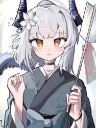 Rule 34 | 1girl, :d, absurdres, arknights, arrow (projectile), black choker, blush, bow, choker, collarbone, flower, flying sweatdrops, grey bow, grey hair, grey kimono, hair flower, hair ornament, hamaya, hands up, highres, holding, holding arrow, horns, japanese clothes, kimono, liskarm (arknights), long sleeves, looking at viewer, obi, open mouth, orange eyes, ponytail, sash, smile, solo, spam (spamham4506), sweat, tail, upper body, white flower, wide sleeves