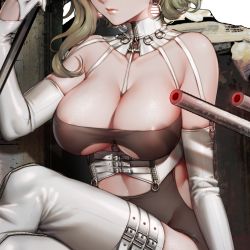 Rule 34 | 1girl, areola slip, battleship girl, belt buckle, between breasts, blonde hair, breasts, buckle, close-up, closed mouth, clothing cutout, crossed legs, detached collar, earrings, elbow gloves, gloves, glowing, head out of frame, jewelry, large breasts, lips, o-ring, official art, quuni, shade, side cutout, skindentation, solo, thigh strap, thighhighs, transparent background, underboob, underboob cutout, upper body, wavy hair, white gloves, white thighhighs, zipper
