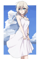 Rule 34 | 1girl, anastasia (idolmaster), blue eyes, border, bracelet, clothes lift, cloud, commentary request, day, dress, dress lift, grey hair, highres, idolmaster, idolmaster cinderella girls, jewelry, looking at viewer, necklace, short hair, solo, white border, white dress, zyuuyon