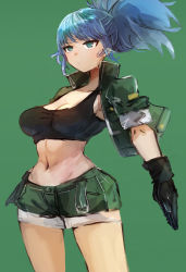 Rule 34 | 1girl, absurdres, black gloves, black tank top, blue hair, breasts, gloves, green eyes, green shorts, hatano kiyoshi, highres, jacket, leona heidern, midriff, navel, open clothes, open jacket, ponytail, shorts, solo, tank top, the king of fighters