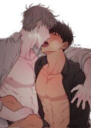 Rule 34 | 2boys, abs, arm hug, bare pectorals, bishounen, black hair, brown hair, closed eyes, french kiss, highres, ilay riegrow, jeong taeui, kiss, large pectorals, male focus, multiple boys, o ssion, passion (manhwa), pectorals, saliva, simple background, white background, white hair, yaoi