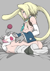 Rule 34 | 00s, 1boy, aqua eyes, ass, blonde hair, blue eyes, boots, elbow gloves, final fantasy, final fantasy ix, gloves, green eyes, highres, hip focus, kimimaru, looking back, male focus, monkey tail, moogle, ponytail, ribbon, short hair, sitting, tail, thick thighs, thighs, trap, wide hips, zidane tribal