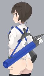 Rule 34 | 10s, 1girl, arrow (projectile), ass, bad id, bad pixiv id, brown hair, from behind, fundoshi, gomashi (goma), grey background, japanese clothes, kaga (kancolle), kantai collection, looking at viewer, looking back, machinery, short hair, side ponytail, solo, tasuki, thighhighs