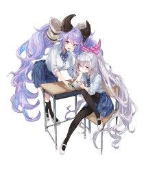 Rule 34 | 2girls, absurdres, animal ears, black pantyhose, black thighhighs, blacktail hihi, blue skirt, blush, breasts, brown eyes, chair, collared shirt, desk, dress shirt, granblue fantasy, grey hair, highres, large breasts, light purple hair, long hair, long sleeves, looking at viewer, low twintails, medusa (shingeki no bahamut), multiple girls, open mouth, pantyhose, pointy ears, ponytail, purple eyes, satyr (granblue fantasy), shirt, skirt, small breasts, smile, thighhighs, twintails, very long hair, white background, white shirt
