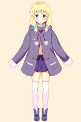 Rule 34 | 1girl, :3, bad id, bad pixiv id, black bow, blonde hair, blue eyes, blue footwear, blue scrunchie, blue skirt, blush, boots, bow, brown background, brown shirt, closed mouth, coat, commentary request, fang, fang out, full body, hair ornament, hair scrunchie, highres, hood, hood down, hooded coat, liang feng qui ye, long hair, long sleeves, original, pleated skirt, purple coat, scrunchie, shirt, simple background, skirt, sleeves past fingers, sleeves past wrists, solo, standing, thighhighs, thighhighs under boots, white thighhighs