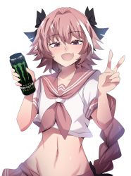 Rule 34 | 1boy, :d, absurdres, astolfo (fate), astolfo (sailor paladin) (fate), astolfo monster cosplay (meme), black bow, blush, bow, braid, braided ponytail, can, collarbone, commentary, energy drink, english commentary, fang, fate/apocrypha, fate/grand order, fate (series), groin, hair between eyes, hair bow, hair intakes, hair ornament, hair ribbon, half-closed eyes, highres, hinghoi, holding, holding can, long braid, long hair, looking at viewer, male focus, meme, merryweather, midriff, monster energy, multicolored hair, navel, official alternate costume, open mouth, pink hair, pink neckwear, pink sailor collar, pink skirt, purple eyes, ribbon, sailor collar, school uniform, serafuku, shirt, short sleeves, simple background, single braid, skin fang, skirt, smile, solo, streaked hair, symbol-only commentary, trap, upper body, v, very long hair, white background, white shirt
