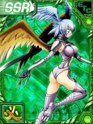 Rule 34 | 1girl, aqua eyes, aqua hair, ass, blue hair, breasts, card (medium), claws, closed eyes, collar, curvy, digimon, digimon (creature), digimon collectors, elbow gloves, eyelashes, facial mark, feathers, female focus, garter straps, gauntlets, gloves, harpy, head wings, high collar, highleg, highleg panties, huge ass, knee pads, large breasts, legs, lingerie, lowres, mask, midriff, monster girl, mouth mask, nave1girl, official art, panties, revealing clothes, scarf, short hair, shoulder pads, shutumon, skindentation, solo, thighhighs, thighs, thong, underwear, wide hips, wings
