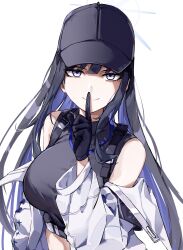 Rule 34 | 1girl, absurdres, armband, baseball cap, black armband, black gloves, black hair, blue archive, coat, colored inner hair, commentary, gloves, grey eyes, hair between eyes, halo, hat, highres, index finger raised, long hair, long sleeves, looking at viewer, midriff, multicolored hair, open clothes, open coat, saori (blue archive), sidelocks, simple background, sleeveless, smile, solo, sstthei, two-tone hair, upper body, white background, white coat