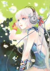 Rule 34 | 1girl, ahoge, bare shoulders, blue bra, blue eyes, blue ribbon, bow, bra, buttons, cable, choker, colored eyelashes, fish, flower, frilled choker, frills, from side, hair ornament, hair ribbon, hand on own head, headphones, long hair, looking away, looking up, mini wings, musical note, original, parted lips, polka dot, polka dot bra, red bow, red lips, red ribbon, ribbon, sleeveless, solo, star (symbol), striped, teddy yang, twintails, underwear, very long hair, white flower, white hair, wings, wrist cuffs, xiaji