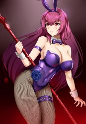 Rule 34 | 1girl, absurdres, animal ears, breasts, bridal garter, cleavage, detached collar, fake animal ears, fate/grand order, fate (series), fishnet pantyhose, fishnets, flower, gae bolg (fate), highleg, highleg leotard, highres, holding, holding polearm, holding spear, holding weapon, large breasts, leotard, long hair, looking to the side, official alternate costume, pantyhose, playboy bunny, polearm, purple flower, purple hair, purple leotard, purple rose, rabbit ears, red eyes, rose, scathach (fate), scathach (piercing bunny) (fate), solo, spear, strapless, strapless leotard, weapon, wrist cuffs, xkit